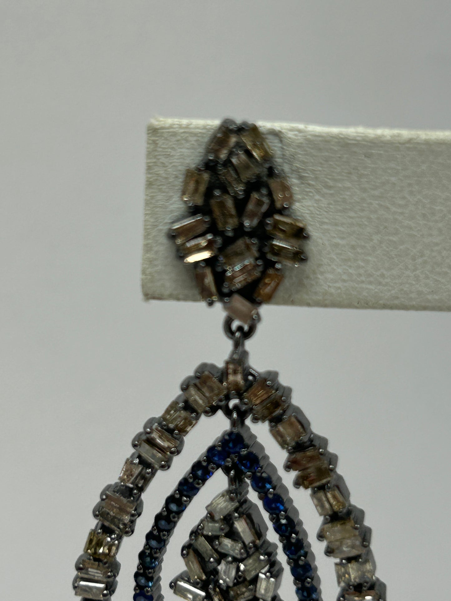 Double Drop Shape Diamond and Blue Sapphire Earring