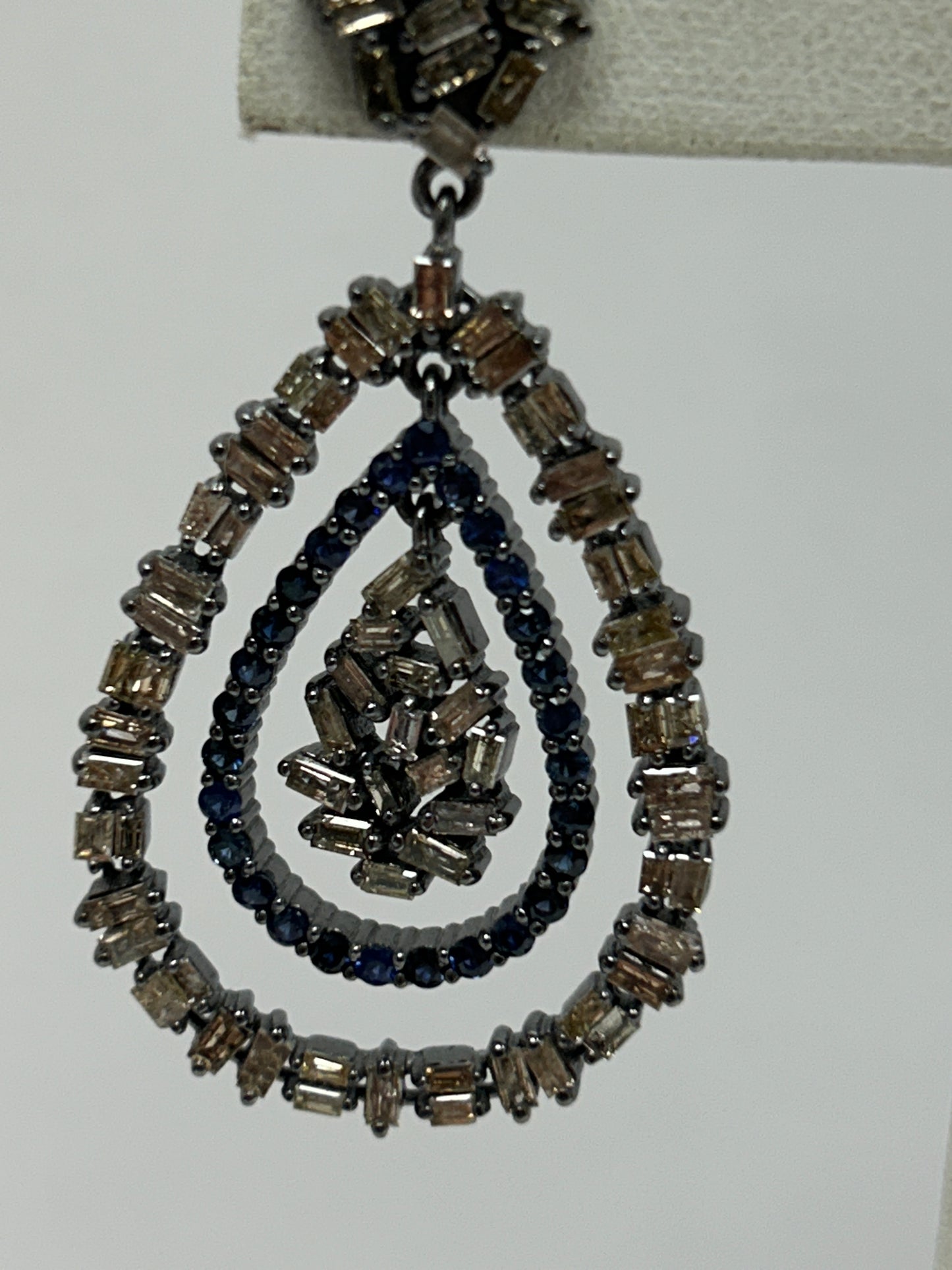 Double Drop Shape Diamond and Blue Sapphire Earring