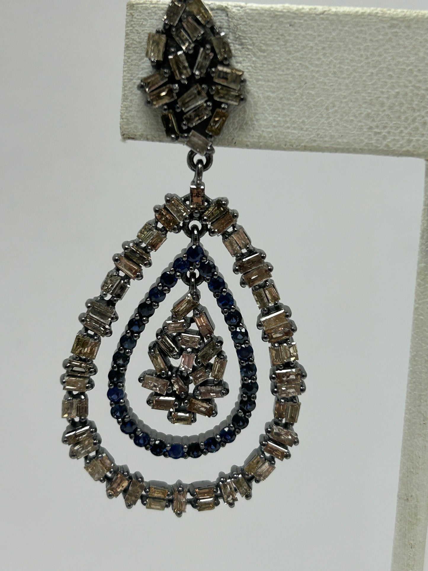 Double Drop Shape Diamond and Blue Sapphire Earring