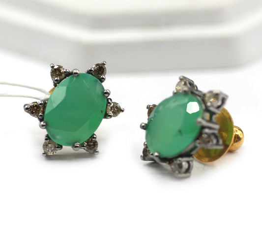 Chrysoprase 925 silver Diamond Earring Stud