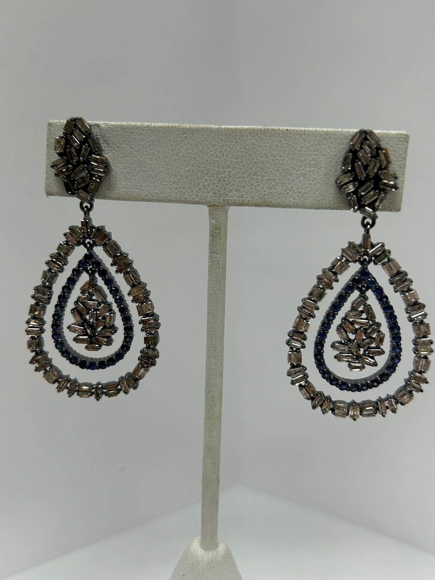Double Drop Shape Diamond and Blue Sapphire Earring