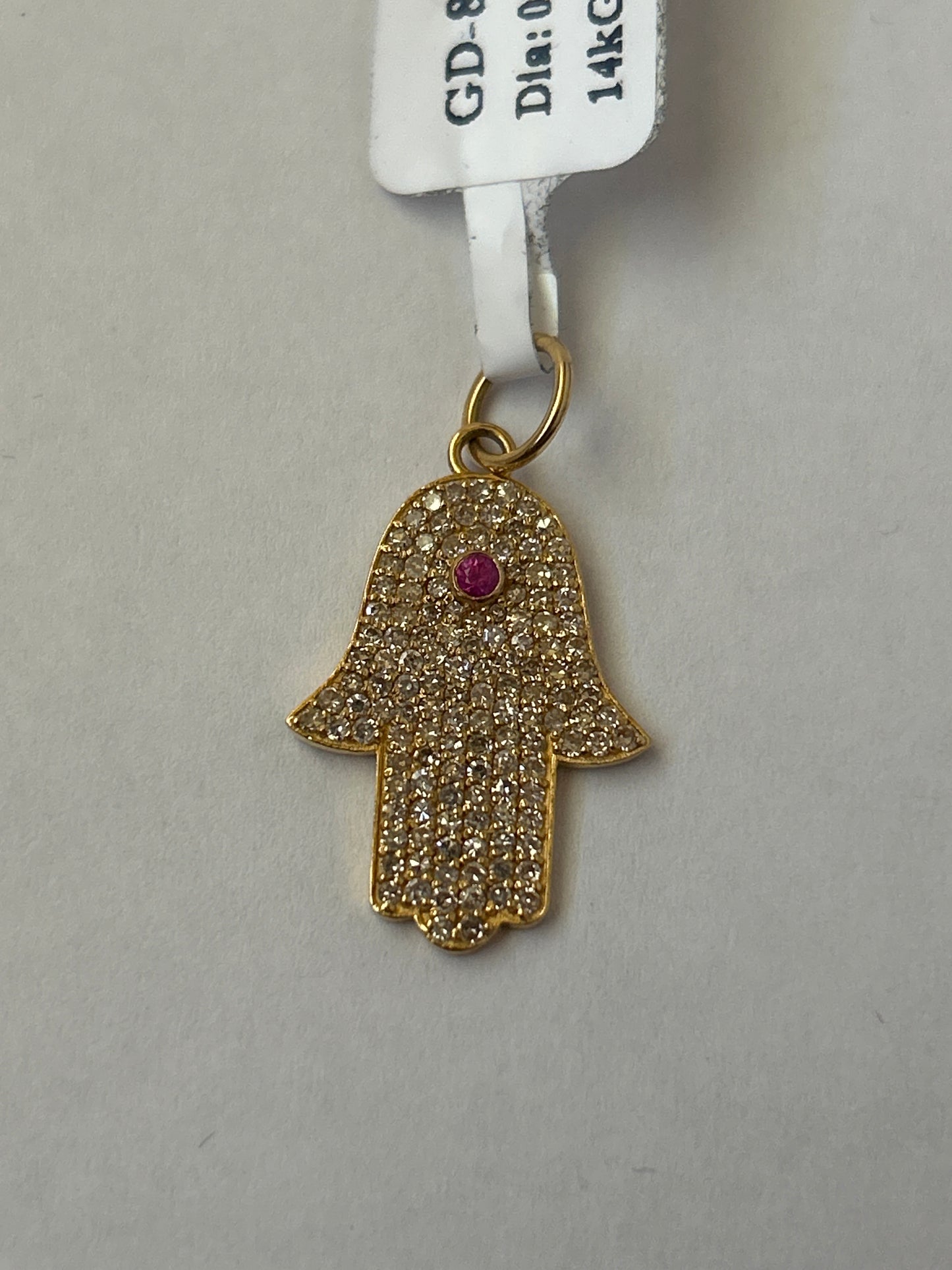 14k Gold Hamsa Hand Pendant with Diamonds and Ruby Accent