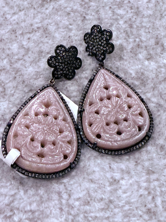 Peach Moonstone Carvings and Diamond Earrings