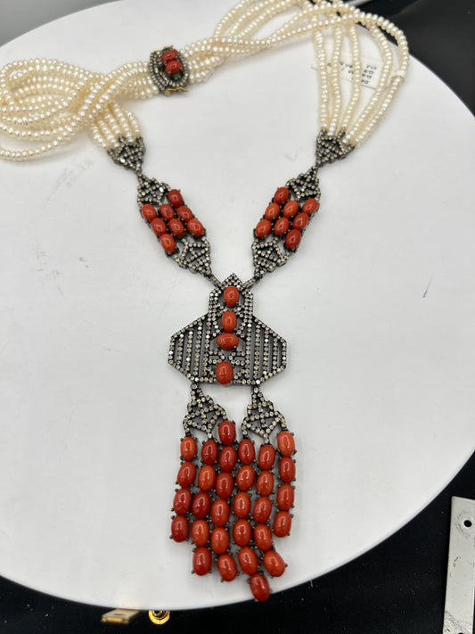 Pearl Coral Diamond Necklace