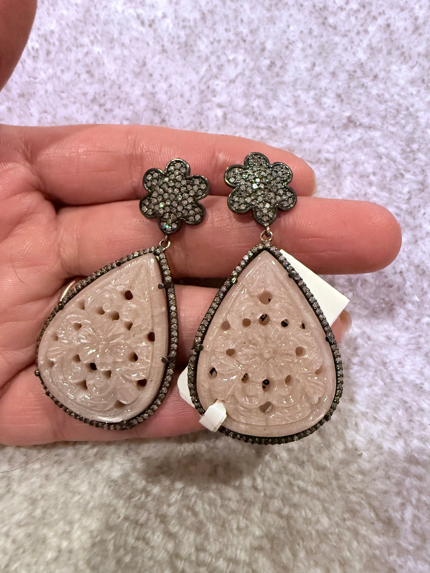 Peach Moonstone Carvings and Diamond Earrings