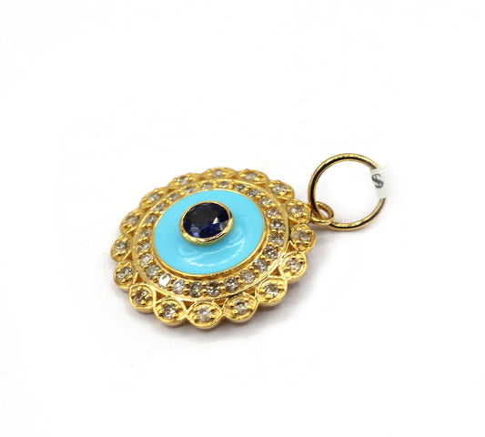 Round14k Solid Gold Diamond Pendants With Blue Sapphire Stone