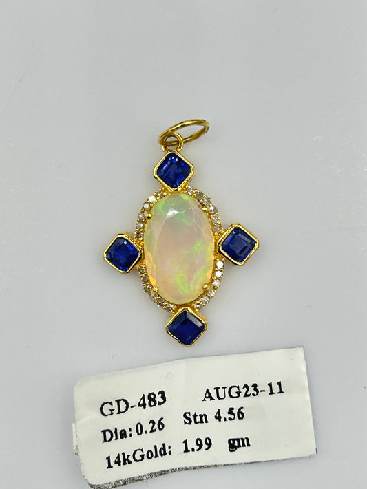 14k Solid Gold Diamond Pendants With Opal Stone