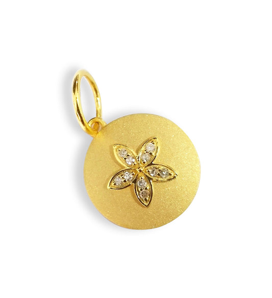 Round Disk on Flower 14k Solid Gold Diamond Pendants.