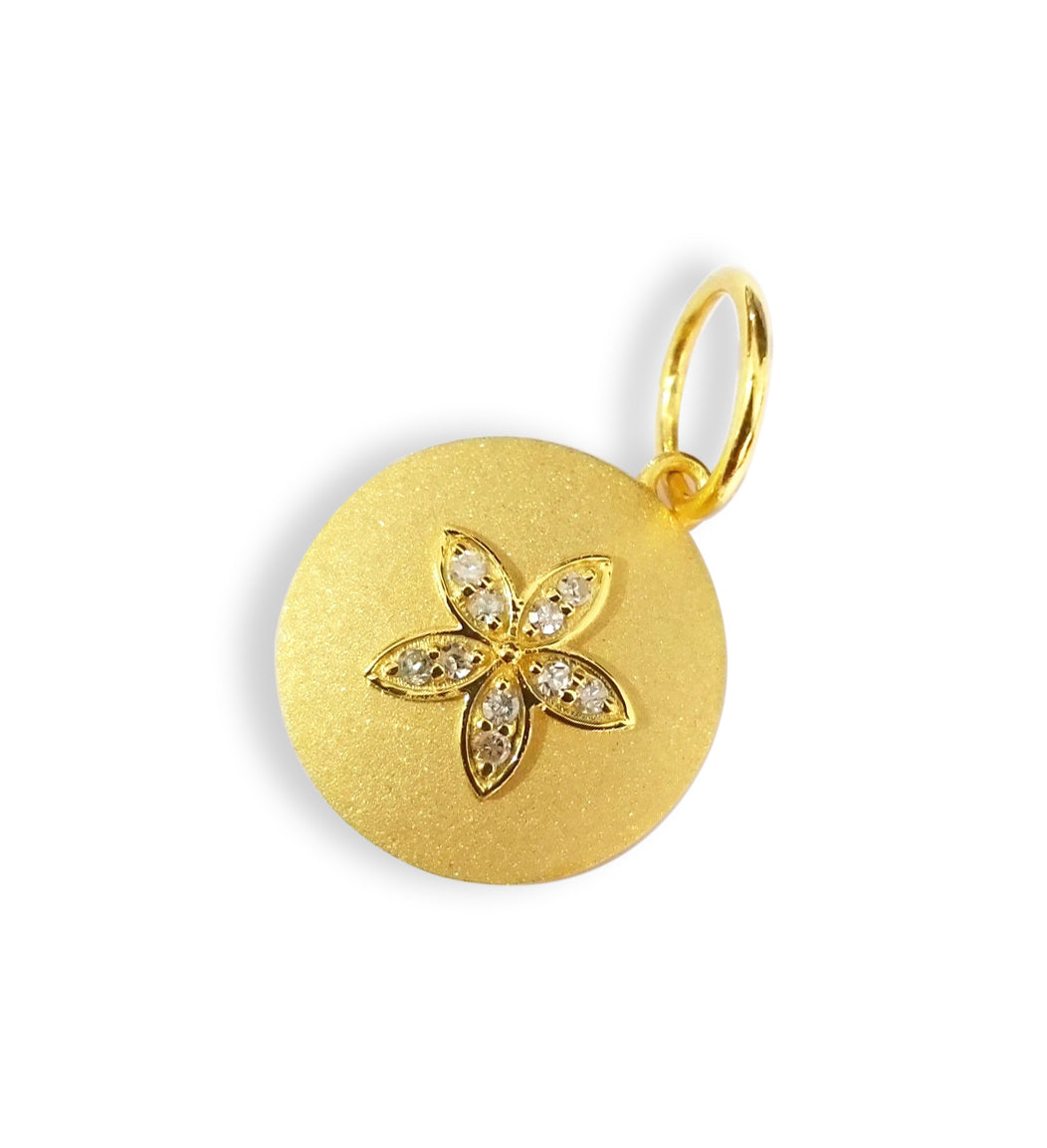 Round Disk on Flower 14k Solid Gold Diamond Pendants.