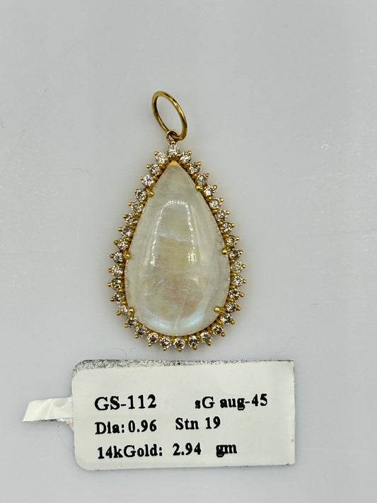 14k Solid Gold Diamond Pendants With Rainbow Moon Stone