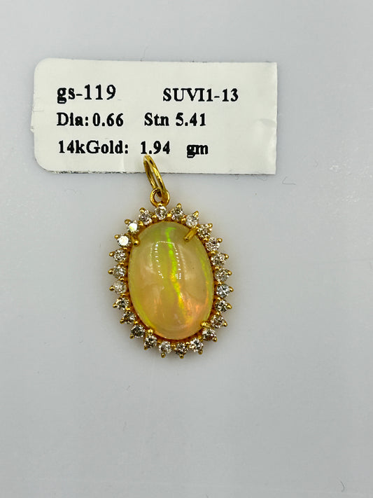 Oval 14k Solid Gold Diamond Pendants With Opal