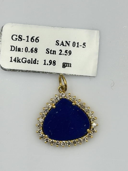 Pear 14k Solid Gold Diamond Pendants With lapis lazuli Stone