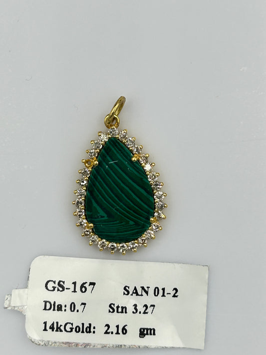 Pear 14k Solid Gold Diamond Pendants With Malachite Stone