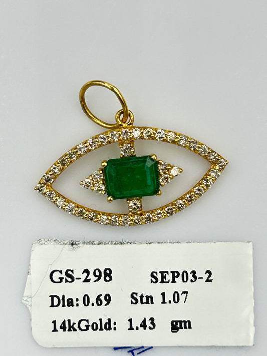 Evil Eye 14k Solid Gold Diamond Pendants With Emerald Stone
