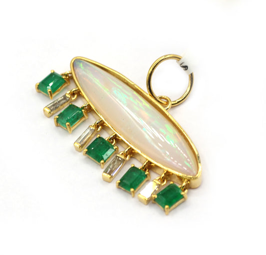 Oval 14k Solid Gold Diamond Pendants With Emerald And Opal