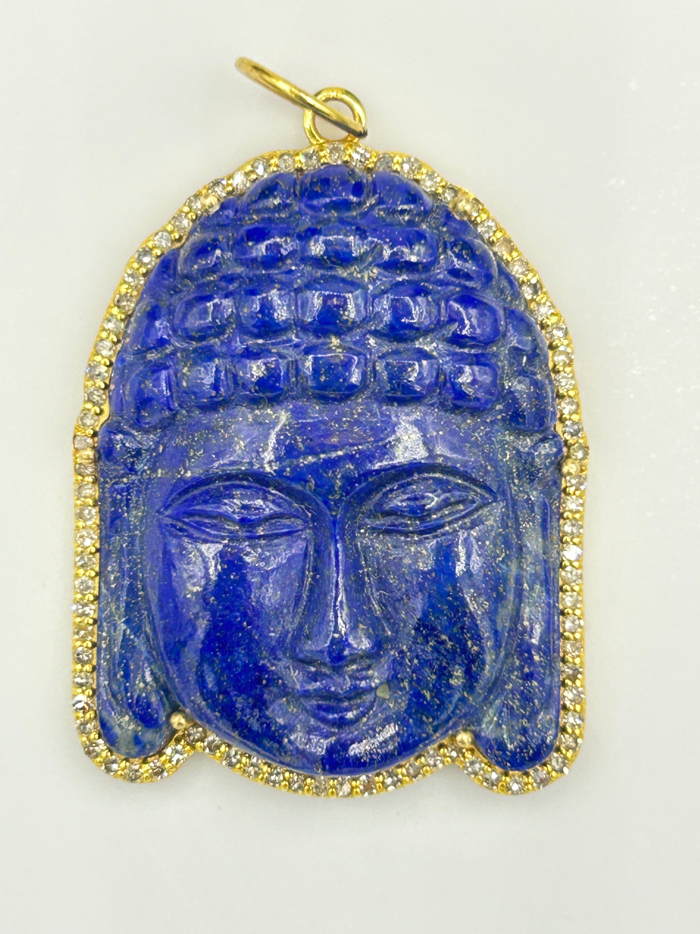 Beautiful labradorite Buddha pendant set in 14k gold and adorned with diamonds