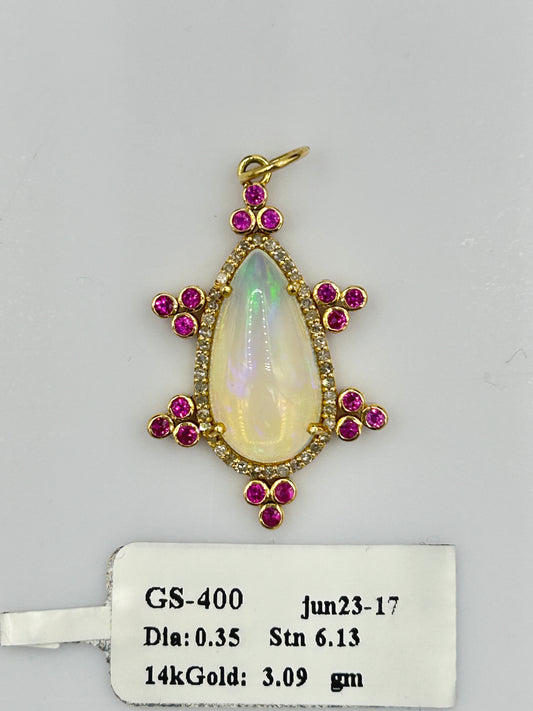 Pear 14k Solid Gold Diamond Pendants With Opal Stone