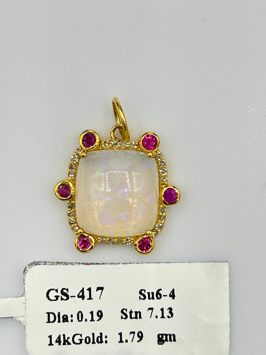 Square 14k Solid Gold Diamond Pendants With Opal Stone