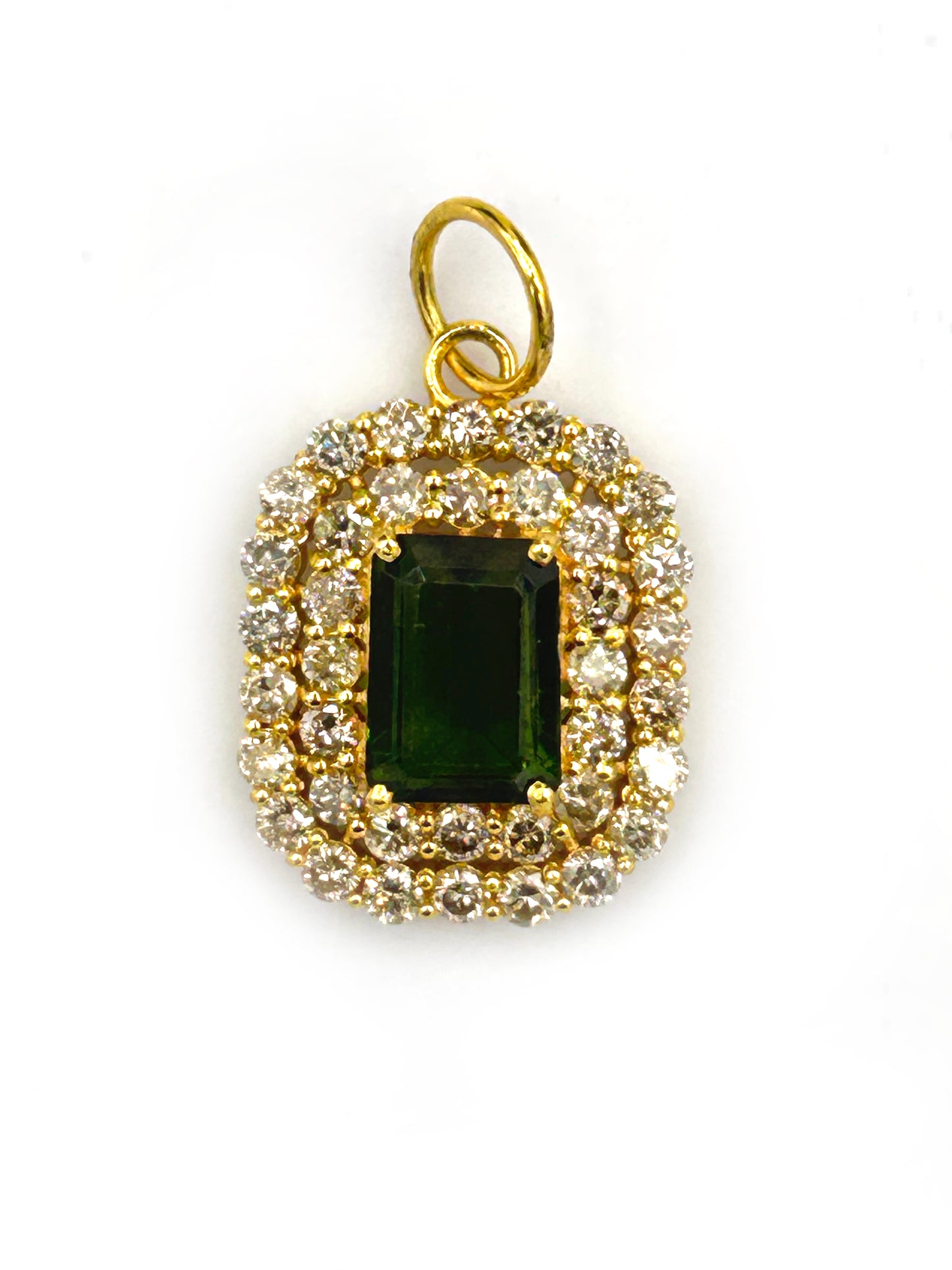 Rectangle 14k Solid Gold Diamond Pendants With Green Tourmaline Stone