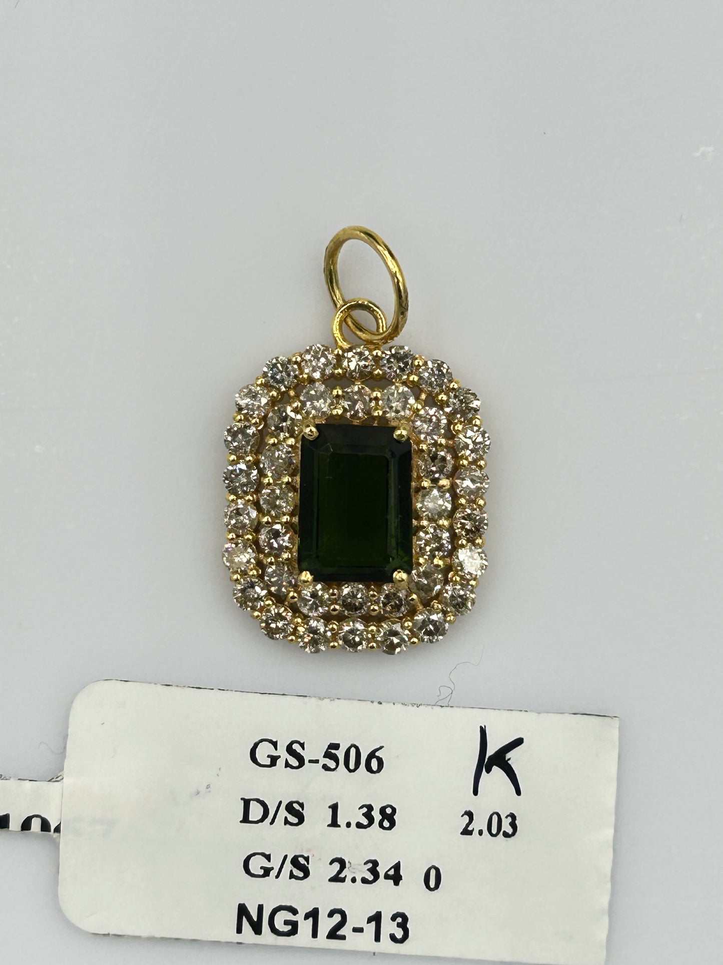 Rectangle 14k Solid Gold Diamond Pendants With Green Tourmaline Stone