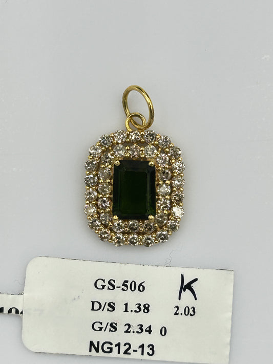 Rectangle 14k Solid Gold Diamond Pendants With Green Tourmaline Stone