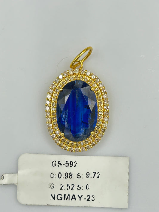 Oval 14k Solid Gold Diamond Pendants With Kyanite Stone