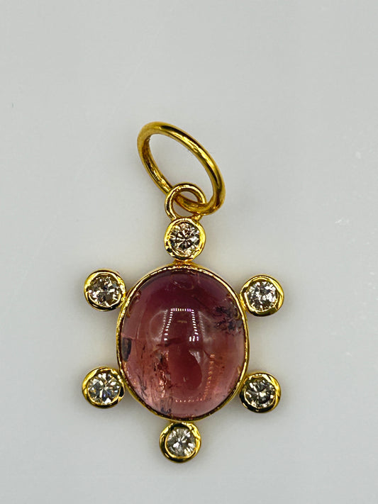 Oval 14k Solid Gold Diamond Pendants With Pink Tourmaline Stone
