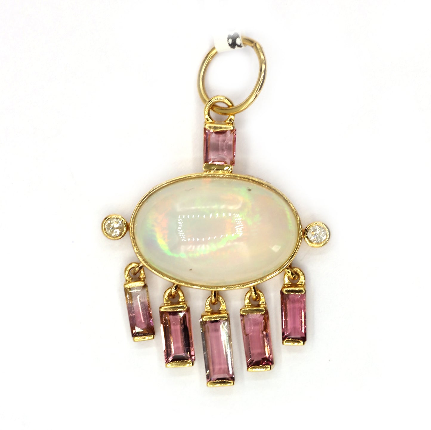Oval 14k Solid Gold Diamond Pendants With Pink Tourmaline And Opal