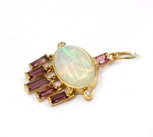 Oval 14k Solid Gold Diamond Pendants With Pink Tourmaline And Opal