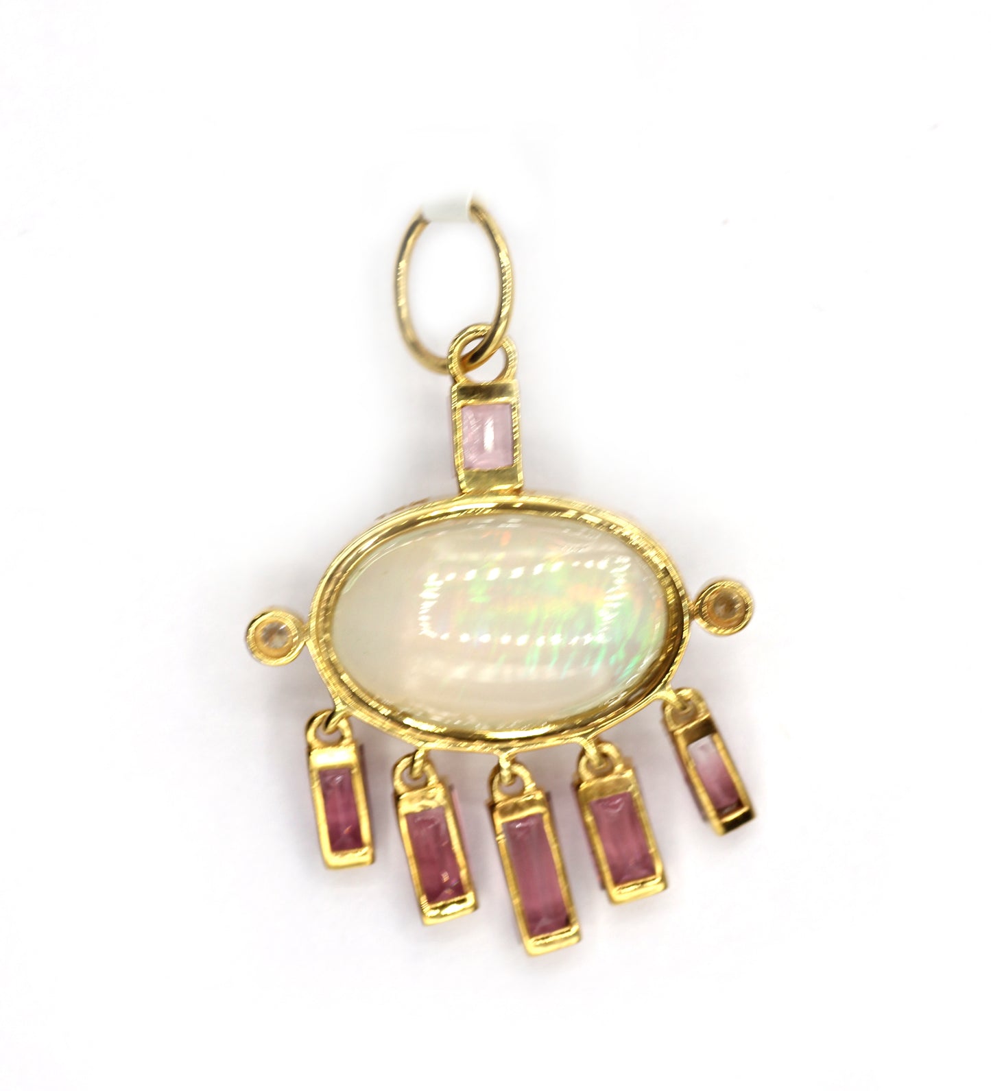 Oval 14k Solid Gold Diamond Pendants With Pink Tourmaline And Opal