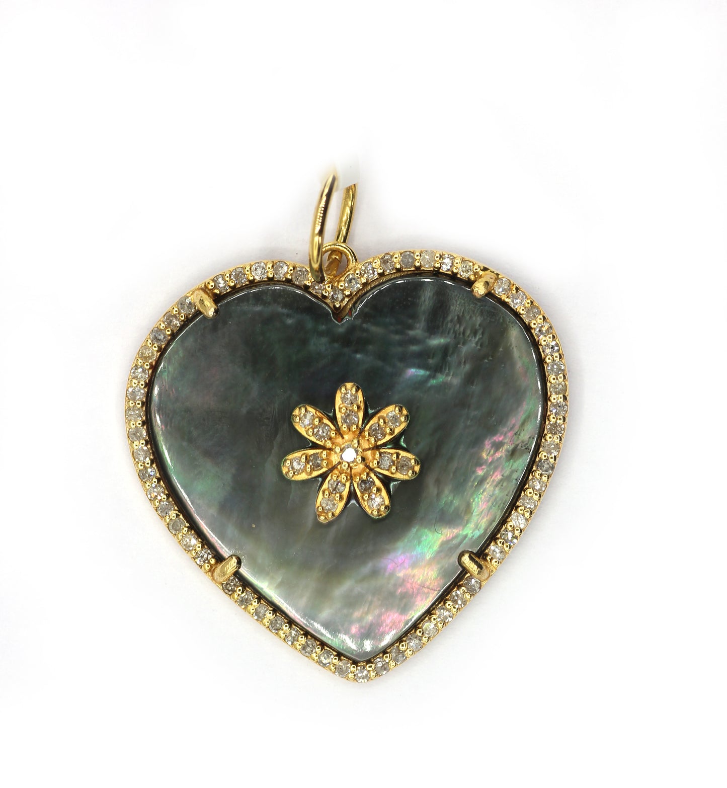 Heart 14k Solid Gold Diamond Pendants With Black Mother Of Pearl Stone