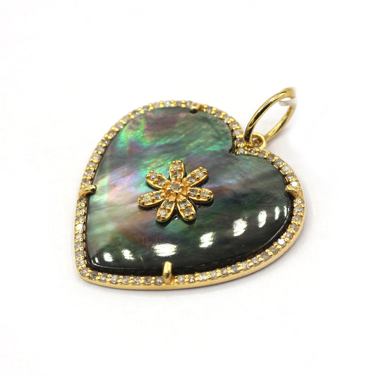 Heart 14k Solid Gold Diamond Pendants With Black Mother Of Pearl Stone