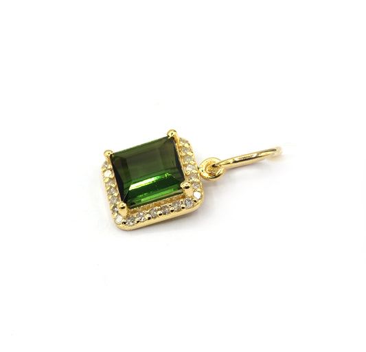 Rectangle 14k Solid Gold Diamond Pendants With Green Tourmaline