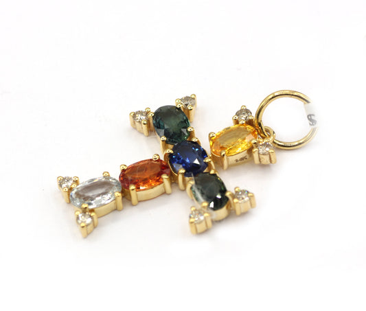 Cross 14k Solid Gold Diamond Pendants With Multi Stone