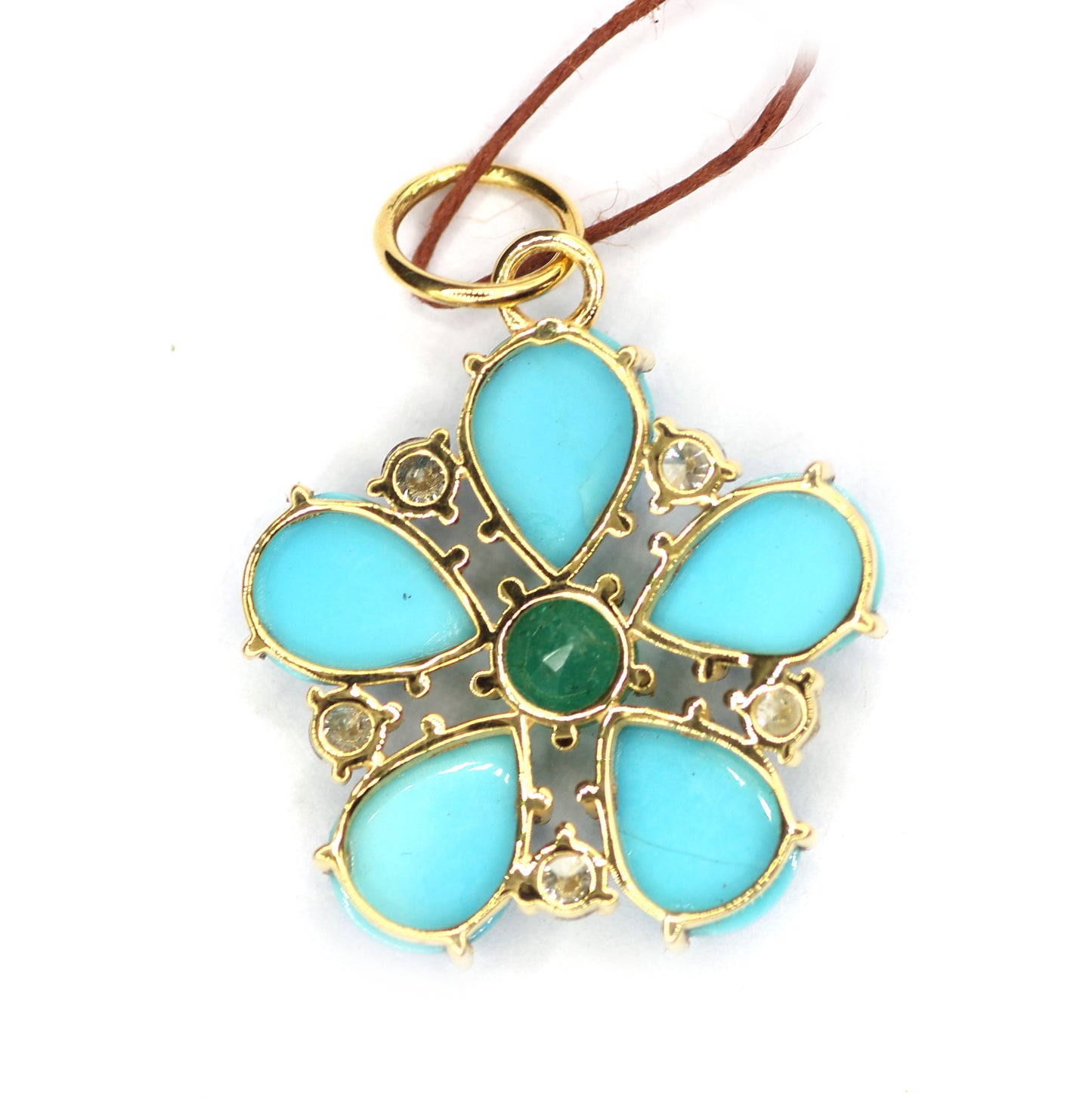 Turquoise 14k Solid Gold Diamond Pendant With Emerald Stone