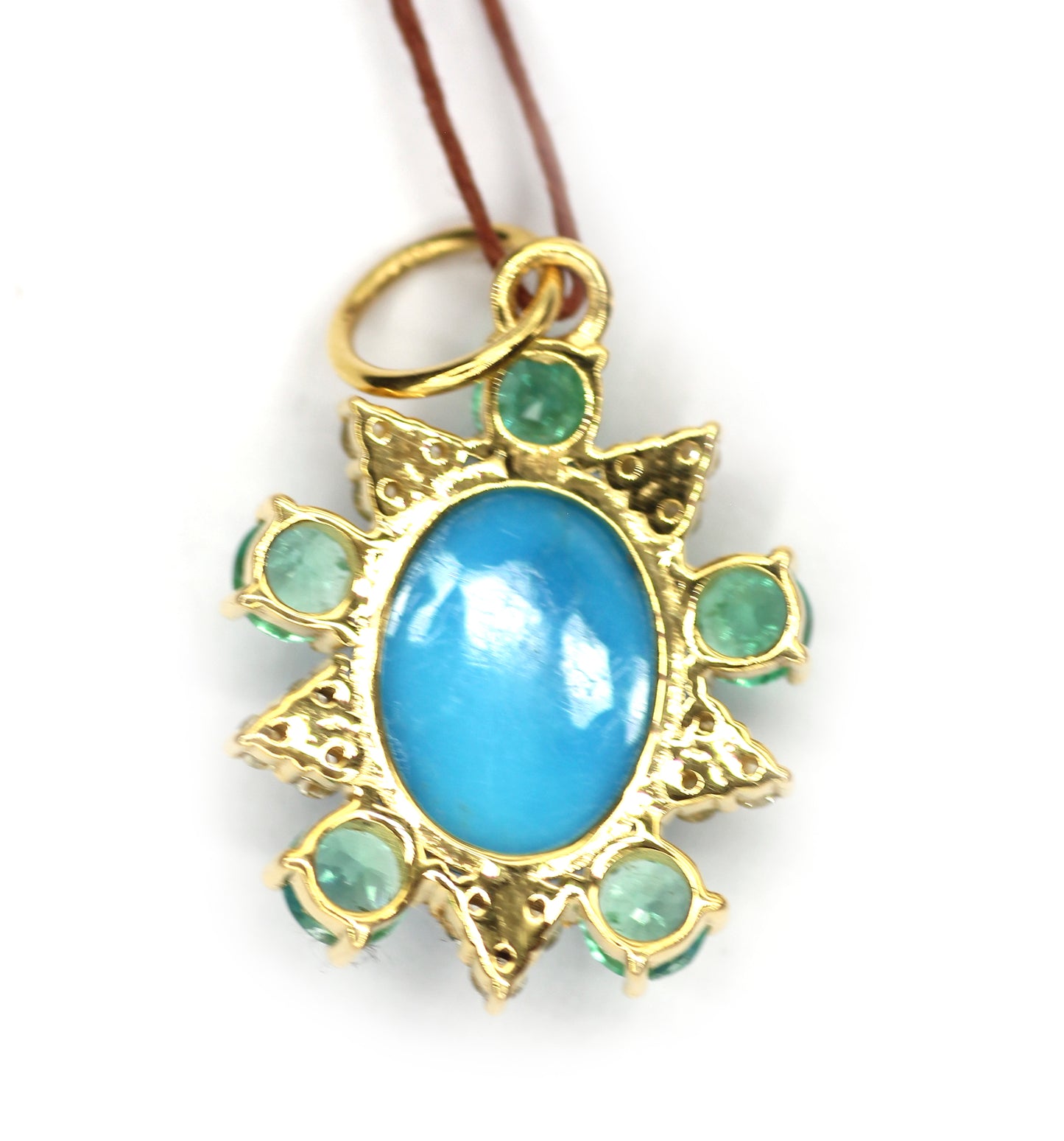 Turquoise 14k Solid Gold Diamond Pendant With Emerald Stone
