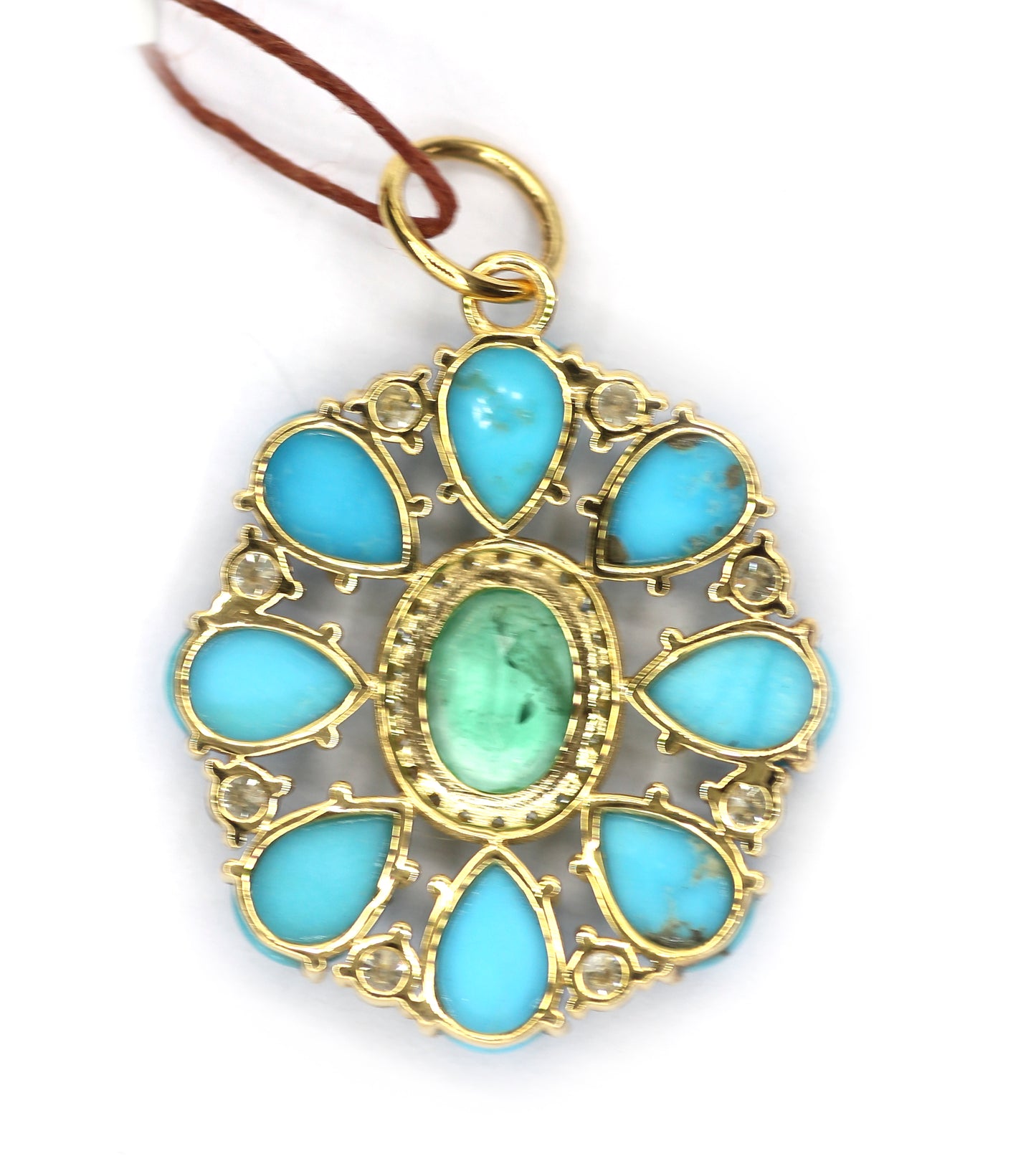 Turquoise 14k Solid Gold Diamond Pendant With Emerald Stone