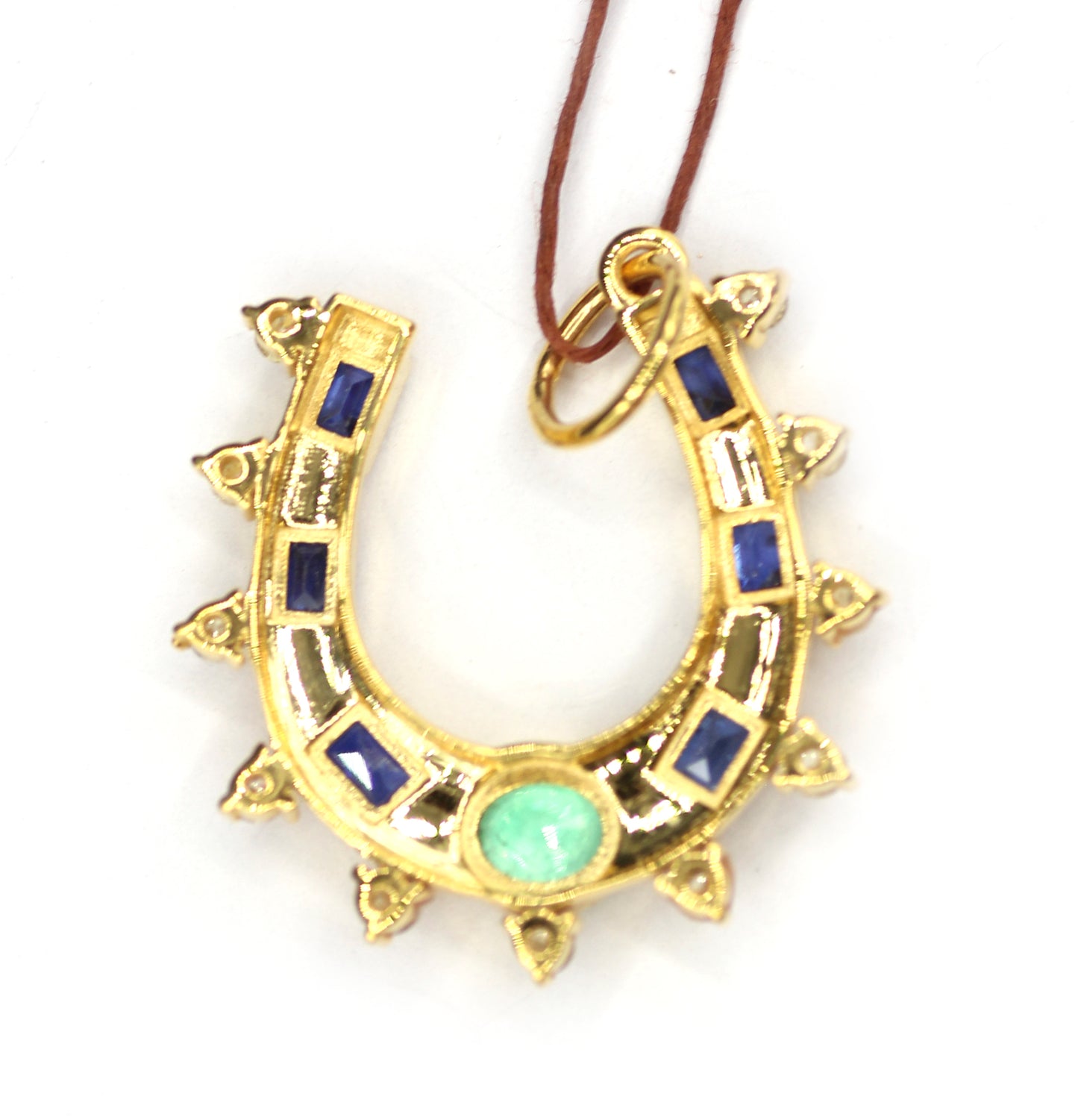Horse Shoe 14k Solid Gold Diamond Pendant With Emerald Stone