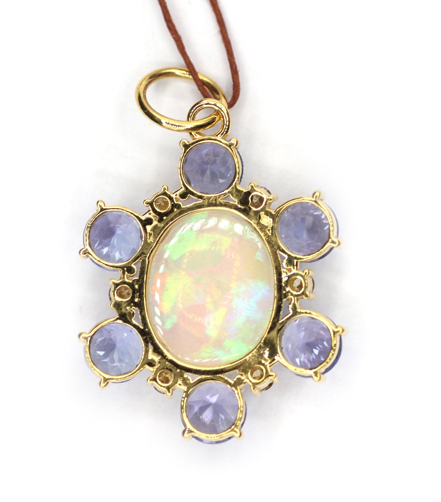 Tanzanite 14k Solid Gold Diamond Pendant With Ethiopian opal Stone