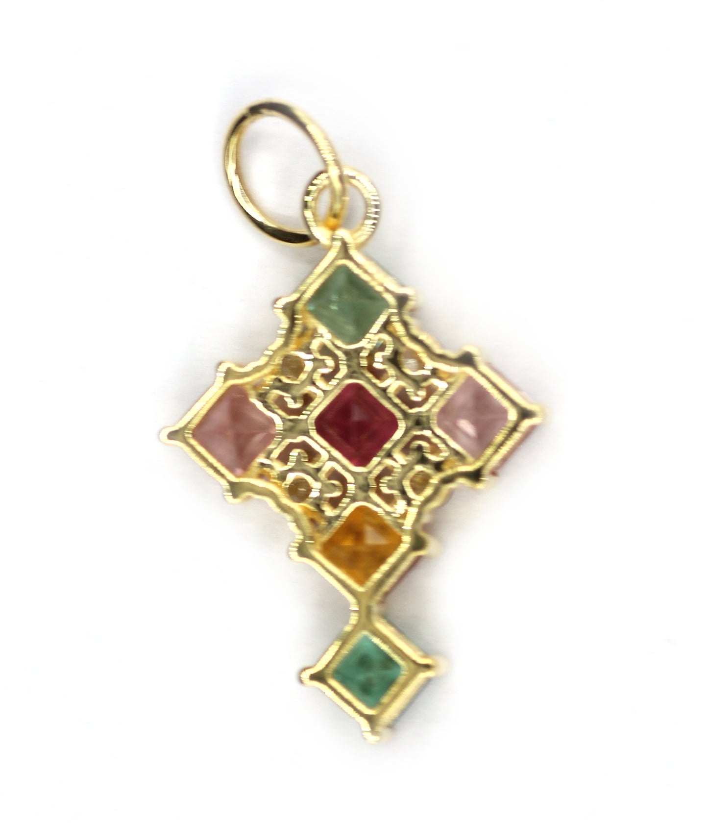 Cross 14k Solid Gold Diamond Pendant With Multi Tourmaline Stone