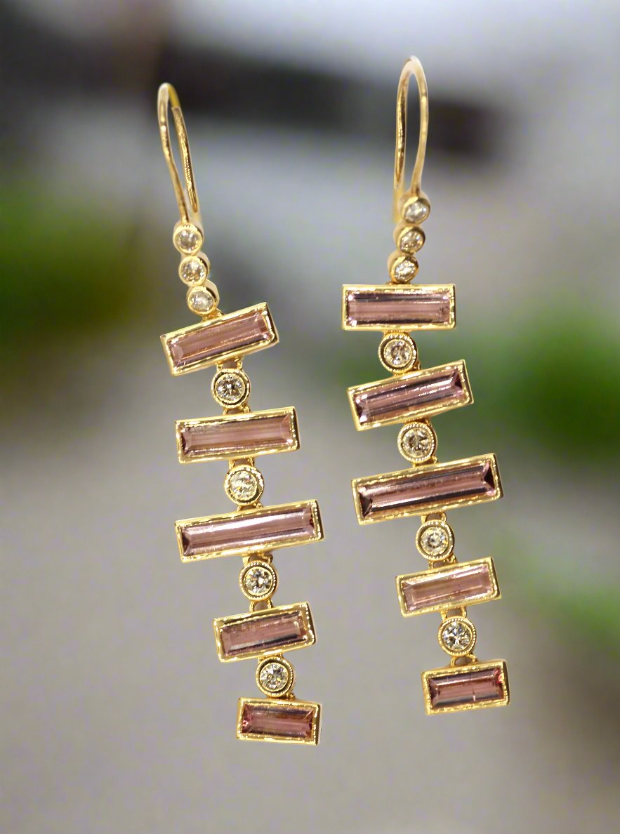 14k Solid Gold Diamond Earring With Pink Tourmaline Stone