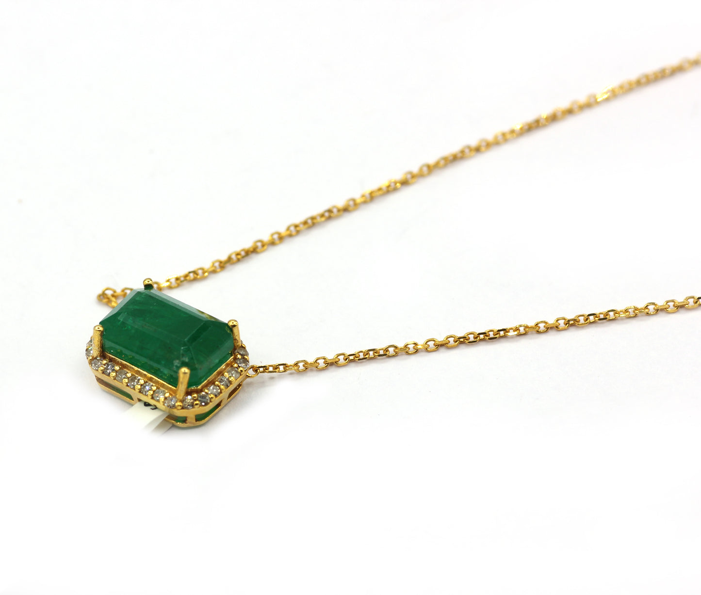 14k Solid Gold Diamond Necklace With Green Emerald Stone