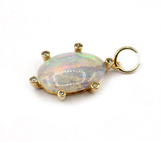 Oval 14k Solid Gold Diamond Pendants With Opal Stone