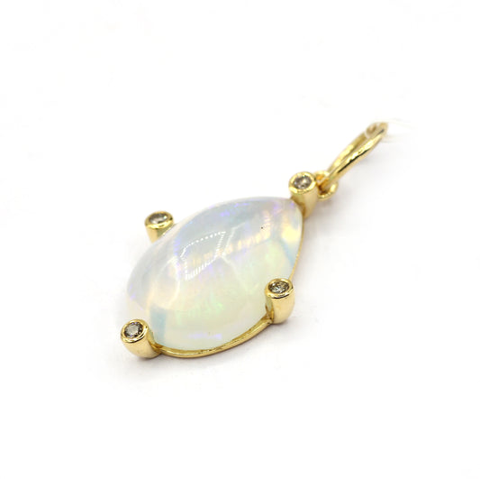 Pear 14k Solid Gold Diamond Pendants With Opal Stone