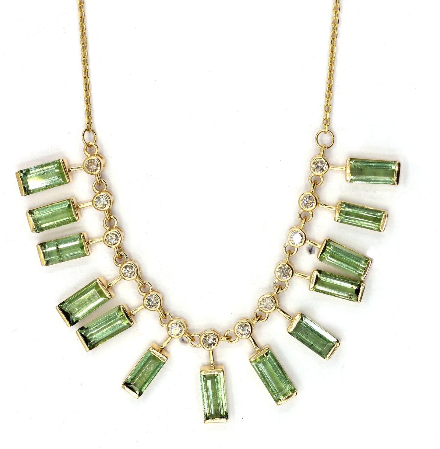 14k Solid Gold Diamond Necklace With Green Tourmuline Stone