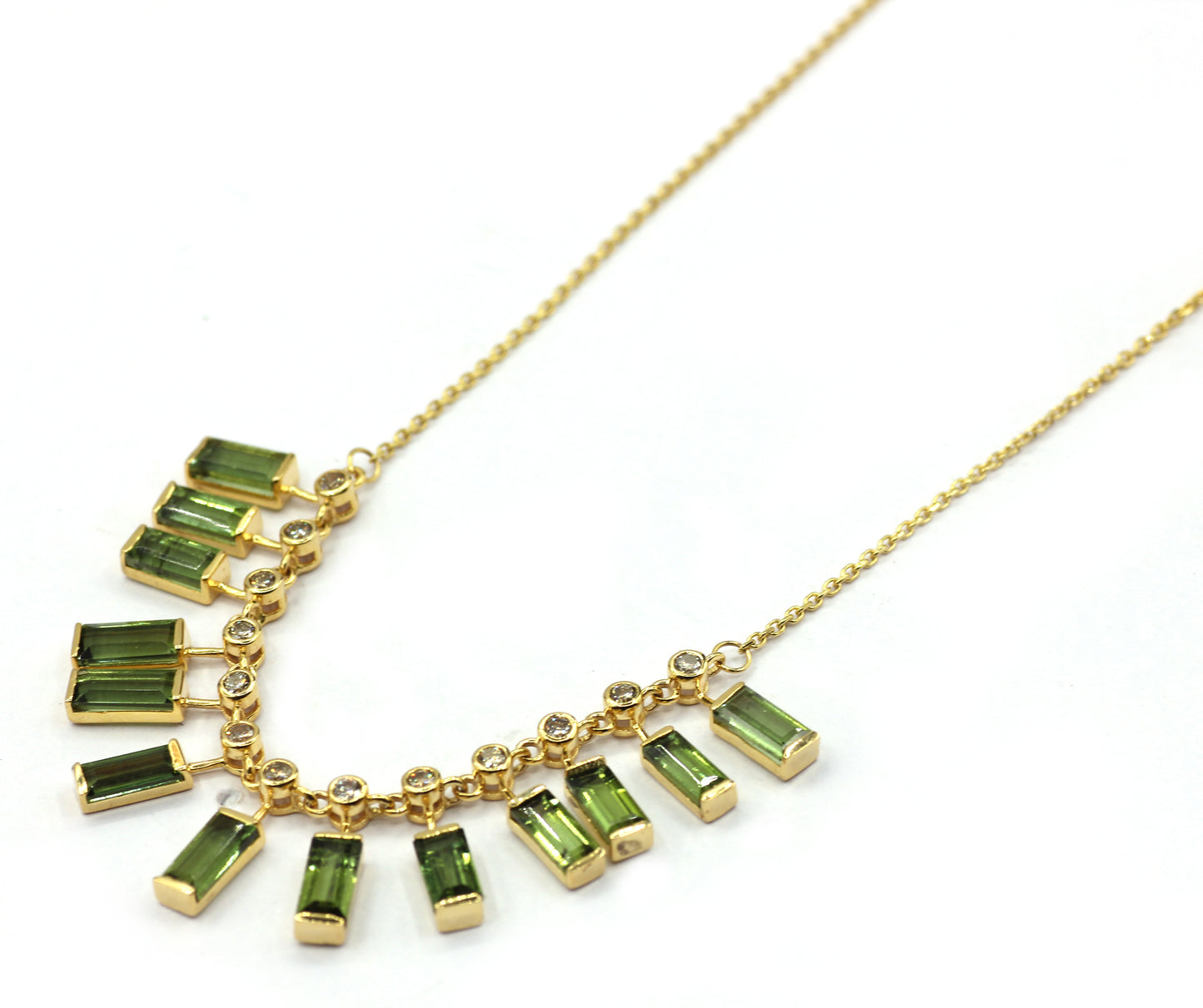 14k Solid Gold Diamond Necklace With Green Tourmuline Stone