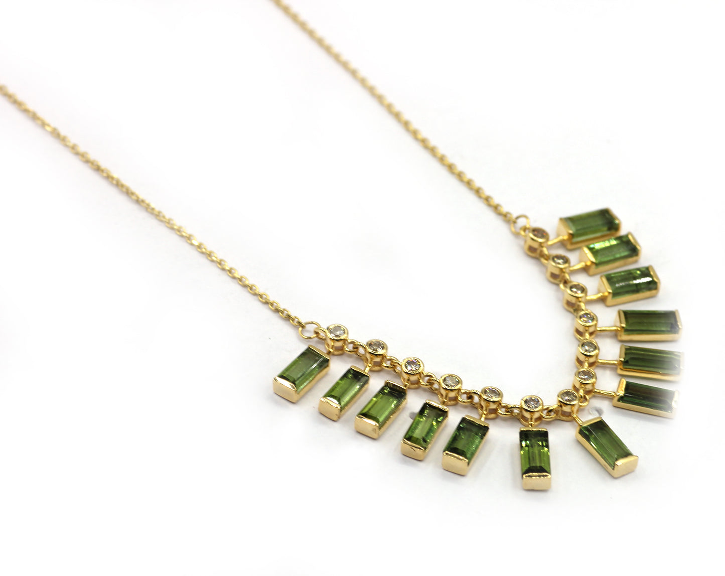 14k Solid Gold Diamond Necklace With Green Tourmuline Stone