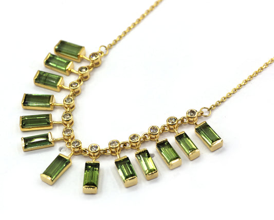 14k Solid Gold Diamond Necklace With Green Tourmuline Stone