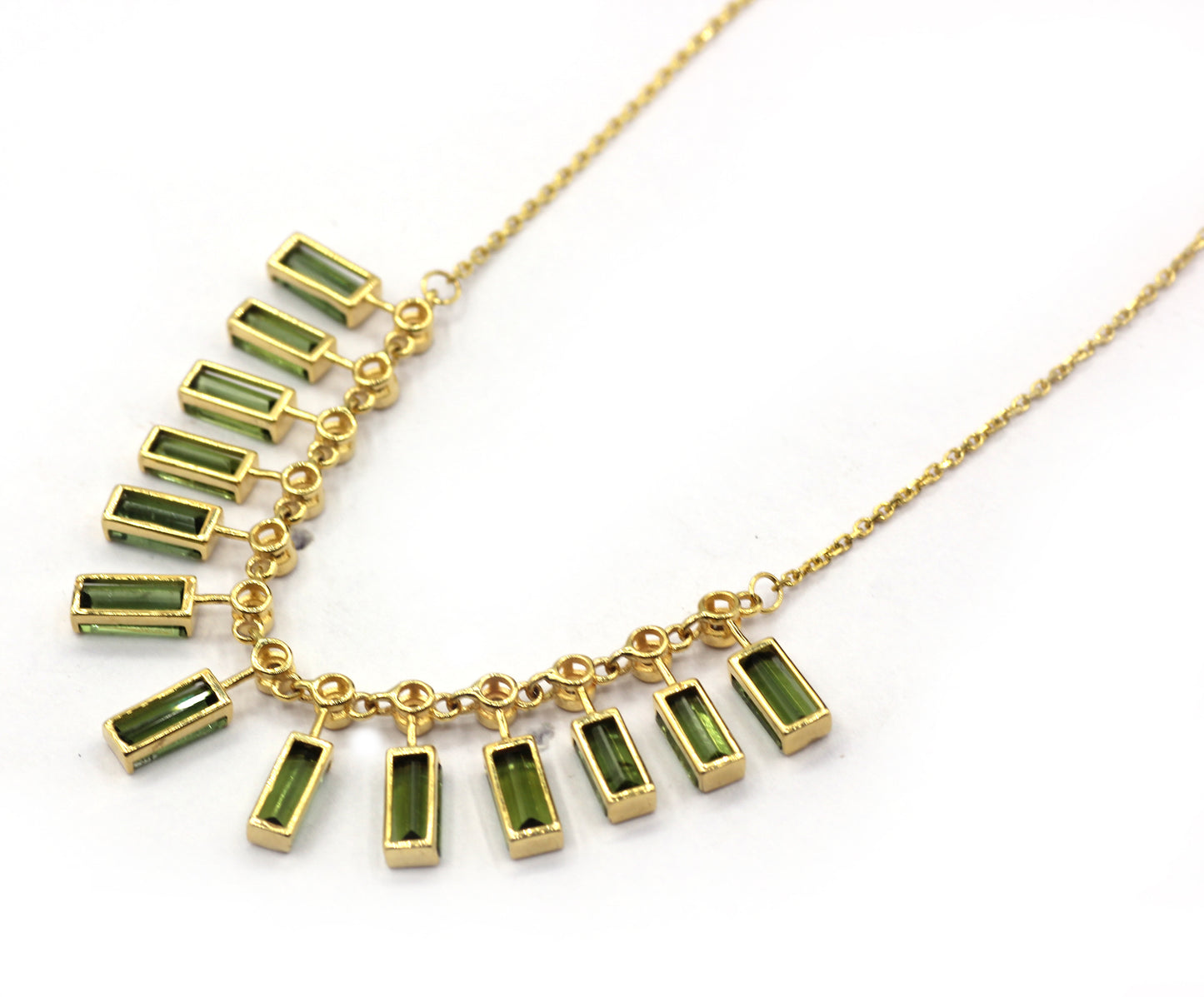 14k Solid Gold Diamond Necklace With Green Tourmuline Stone