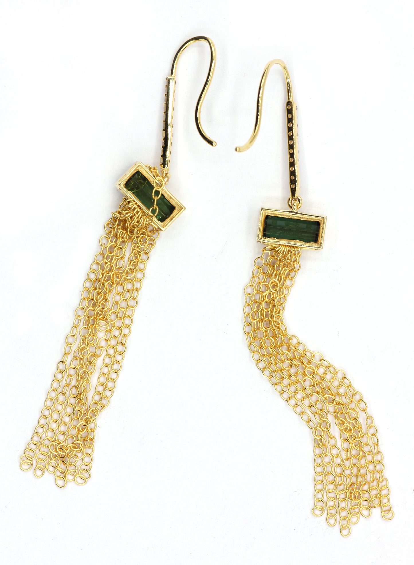 14K Gold and Diamond Dangle Earrings with Green Tourmaline and Chain Tassels